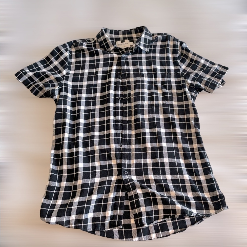topman casual short sleeve button up flanel shirt - black white plaid - sz large